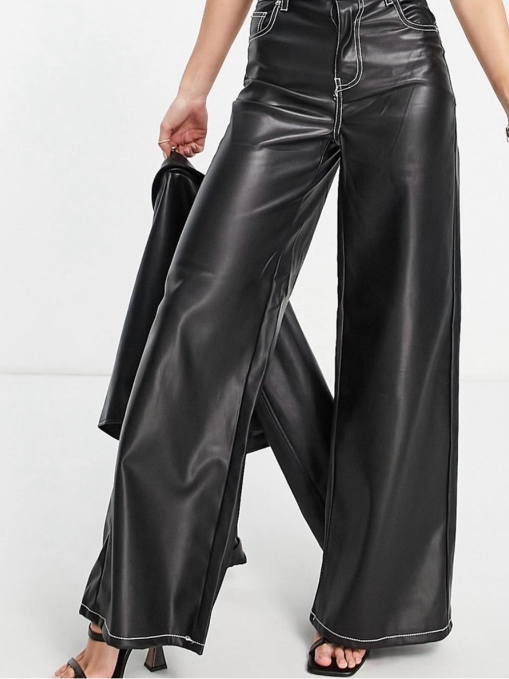 ASOS Bershka Black Wide Leg Faux Leather Pants with Contrast Stitching
